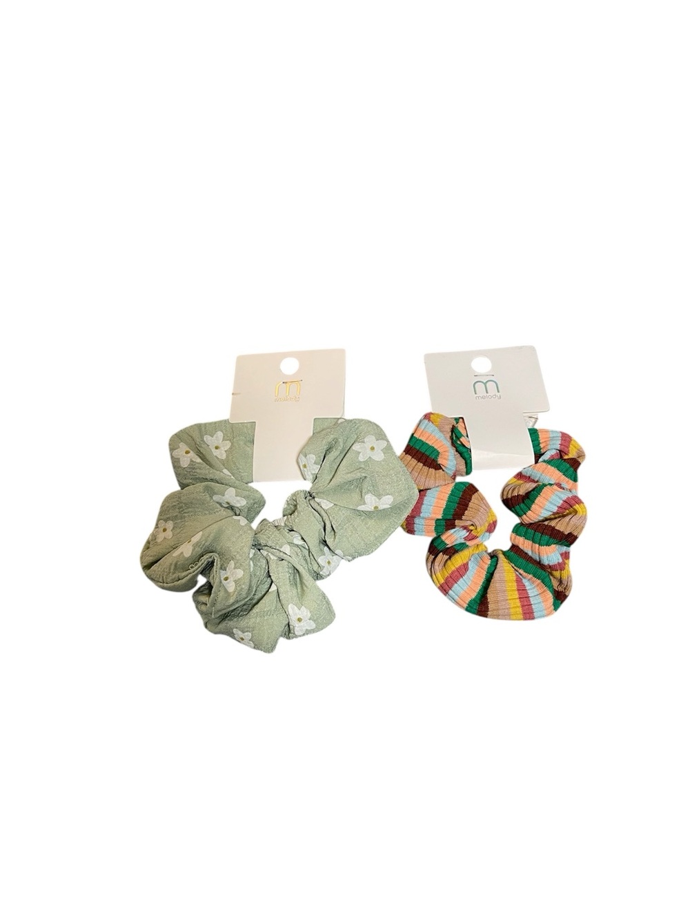 🤑 5/$25 Fxa 2-Pack Women’s Hair Scrunchies - Green Floral & Multicolor Stripe